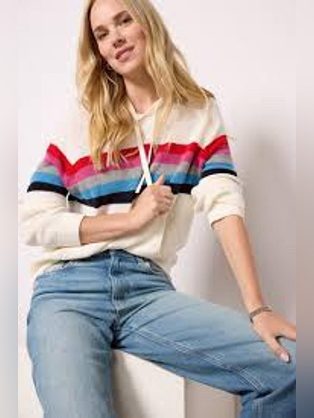 Faherty Rainbow Stripe White Hooded Knit Cotton Sweater XS